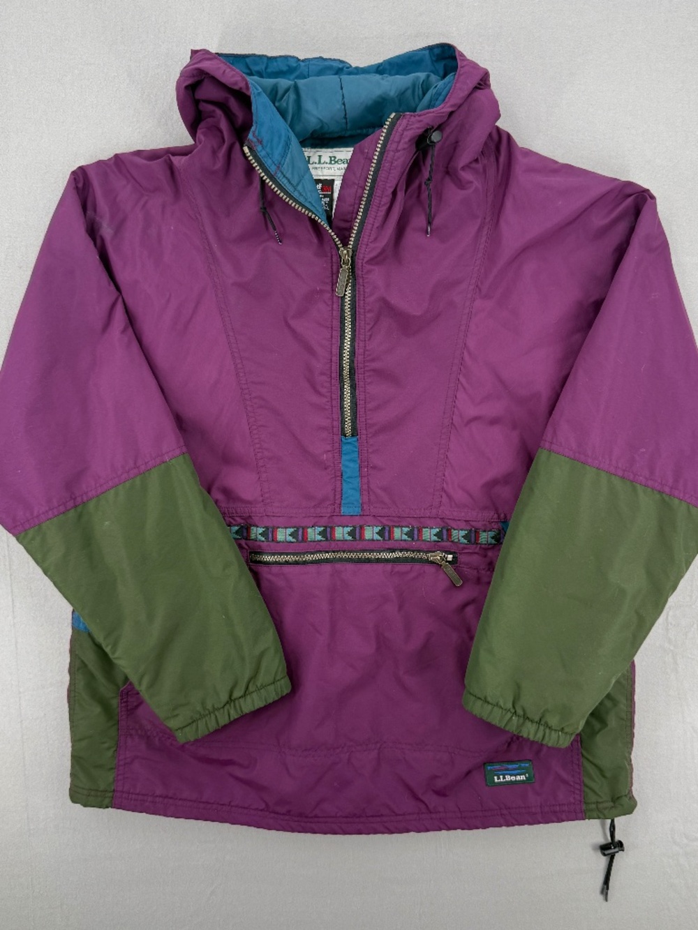 Vintage LL Bean Thinsulate Anorak Jacket Purple Green Colorblock Pullover Women